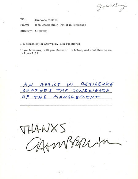 john chamberlains written report on his artistic residency at rand corporation claims an artist in residency soothes the conscience of the management - Artist Management Jobs john chamberlains written report on his artistic residency at rand corporation claims an artist in residency soothes the conscience of the management - Artist Management Jobs