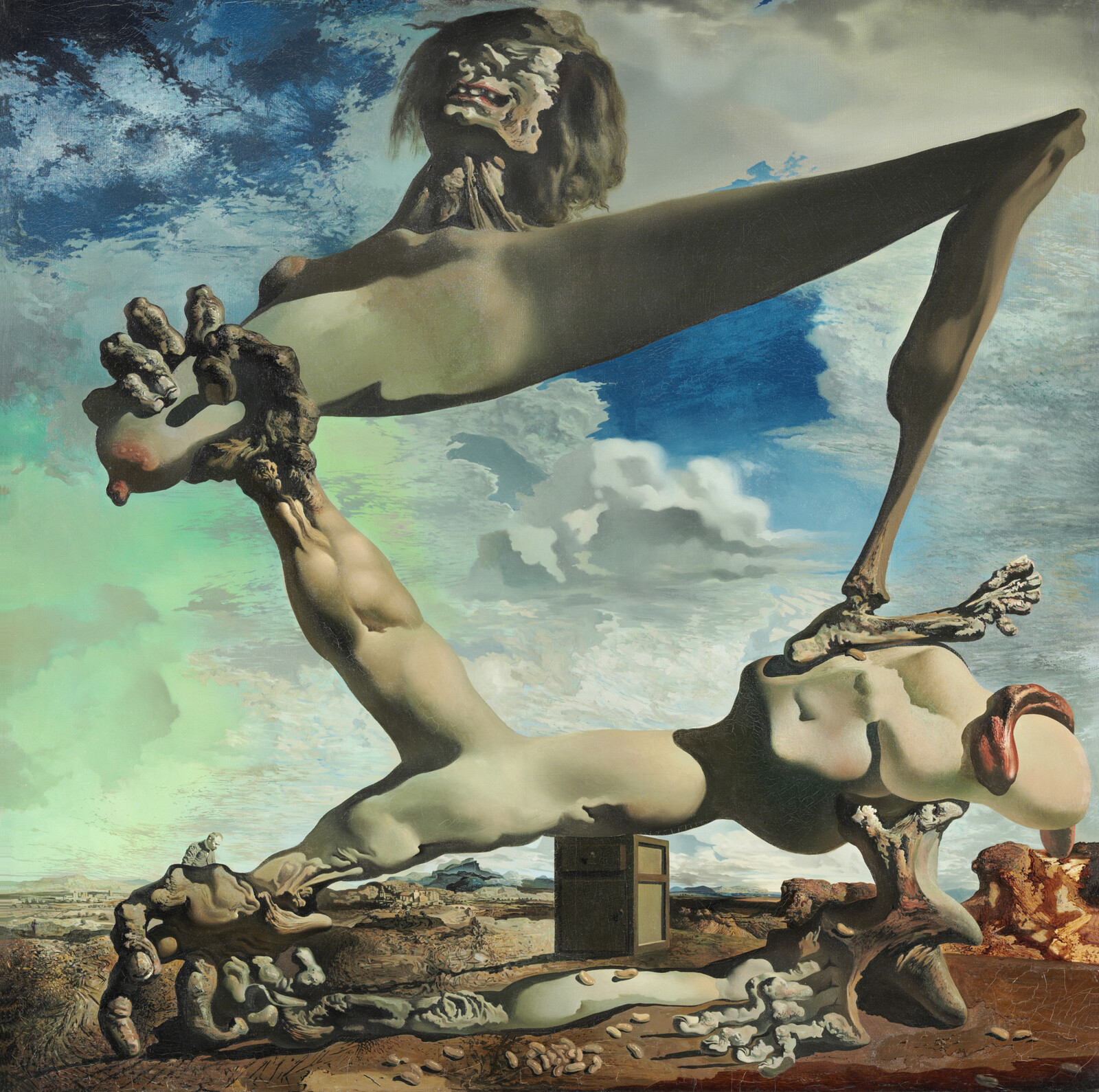 Surrealist painting by Salvador Dali depicting fleshy and bony figures in a monstrous fashion