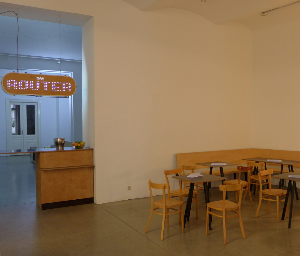 Particle board walls and ceiling - Stripe Cafe designed by Doug Meyer